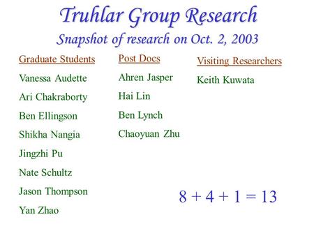 Truhlar Group Research Snapshot of research on Oct. 2, 2003 Graduate Students Vanessa Audette Ari Chakraborty Ben Ellingson Shikha Nangia Jingzhi Pu Nate.