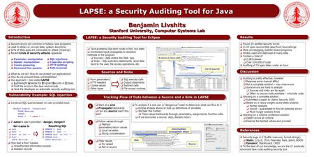 ReferencesReferences DiscussionDiscussion Vulnerability Example: SQL injection Auditing Tool for Eclipse LAPSE: a Security Auditing Tool for Eclipse IntroductionIntroductionResultsResults.