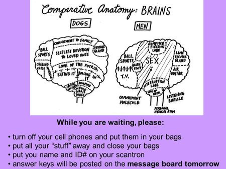 Turn off your cell phones and put them in your bags put all your “stuff” away and close your bags put you name and ID# on your scantron answer keys will.