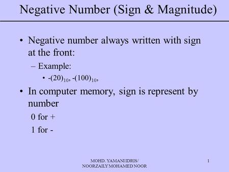 MOHD. YAMANI IDRIS/ NOORZAILY MOHAMED NOOR 1 Negative Number (Sign & Magnitude) Negative number always written with sign at the front: –Example: -(20)