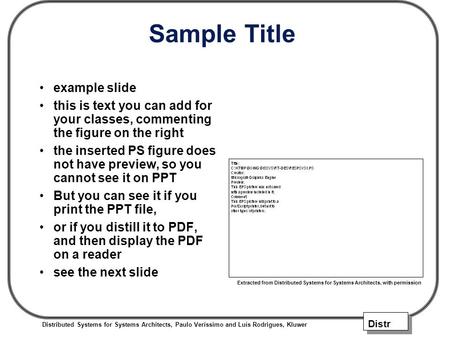 Distr Distributed Systems for Systems Architects, Paulo Veríssimo and Luís Rodrigues, Kluwer Sample Title example slide this is text you can add for your.