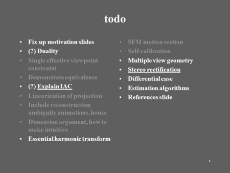 1 todo Fix up motivation slides (?) Duality Single effective viewpoint constraint Demonstrate equivalence (?) Explain IAC Linearization of projection Include.