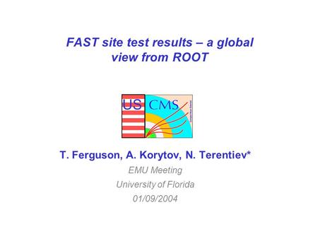 US FAST site test results – a global view from ROOT T. Ferguson, A. Korytov, N. Terentiev* EMU Meeting University of Florida 01/09/2004.