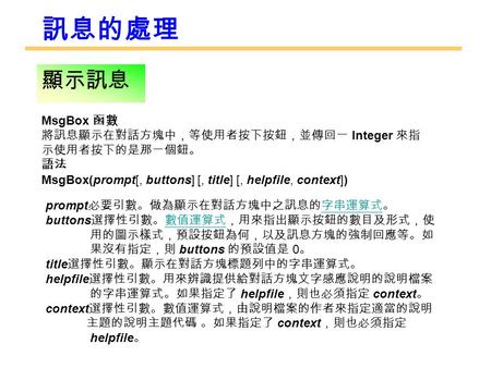 顯示訊息 MsgBox 函數 將訊息顯示在對話方塊中，等使用者按下按鈕，並傳回一 Integer 來指示使用者按下的是那一個鈕。 語法