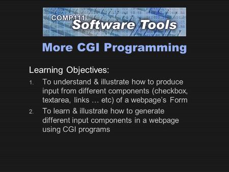 More CGI Programming Learning Objectives: 1. To understand & illustrate how to produce input from different components (checkbox, textarea, links … etc)