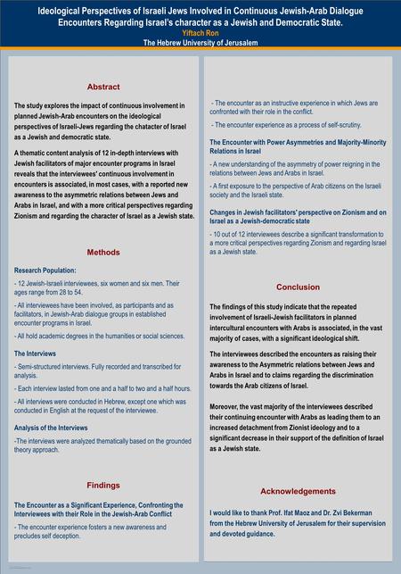 TEMPLATE DESIGN © 2007 www.PosterPresentations.com Ideological Perspectives of Israeli Jews Involved in Continuous Jewish-Arab Dialogue Encounters Regarding.