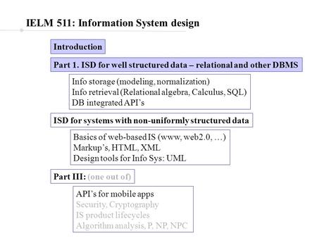 IELM 511: Information System design Introduction Part 1. ISD for well structured data – relational and other DBMS ISD for systems with non-uniformly structured.