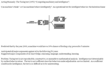 Acting Humanly: The Turing test (1950) “Computing machinery and intelligence”:   Can machine’s think? or Can machines behave intelligently? An operational.