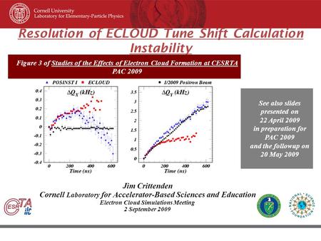 45 th ICFA Beam Dynamic Workshop June 8–12, 2009, Cornell University, Ithaca New York Resolution of ECLOUD Tune Shift Calculation Instability Jim Crittenden.