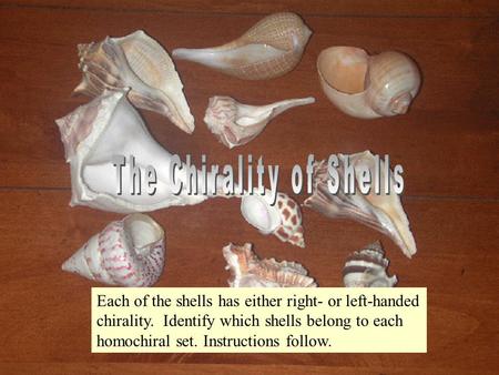 Each of the shells has either right- or left-handed chirality. Identify which shells belong to each homochiral set. Instructions follow.