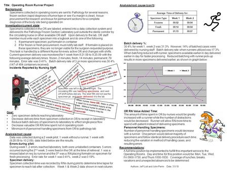 Title: Operating Room Runner Project Background: Specimens collected in operating rooms are sent to Pathology for several reasons, frozen section (rapid.