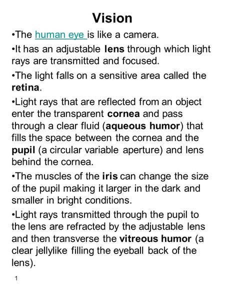 Vision The human eye is like a camera.