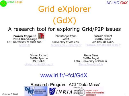  Grand Large ACI MD GdX INRIA meeting with NII1October 7, 2003 Grid eXplorer (GdX) A research tool for exploring Grid/P2P issues Franck Cappello INRIA.