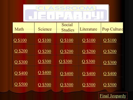 MathScience Social Studies Literature Pop Culture Q $100 Q $200 Q $300 Q $400 Q $500 Q $100 Q $200 Q $300 Q $400 Q $500 Final Jeopardy.