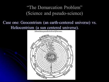 “The Demarcation Problem” (Science and pseudo-science) Case one: Geocentrism (an earth-centered universe) vs. Heliocentrism (a sun centered universe).