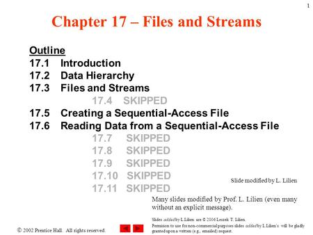  2002 Prentice Hall. All rights reserved. 1 Chapter 17 – Files and Streams Outline 17.1 Introduction 17.2 Data Hierarchy 17.3 Files and Streams 17.4 SKIPPED.