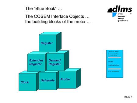 Slide 1 The “Blue Book”... The COSEM InterfaceObjects … the building blocks of the meter... Schedule Clock Profile Extended Register Demand Register TECHNICAL.