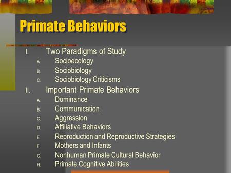 Primate Behaviors I. Two Paradigms of Study A. Socioecology B. Sociobiology C. Sociobiology Criticisms II. Important Primate Behaviors A. Dominance B.