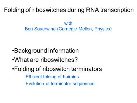 Folding of riboswitches during RNA transcription Background information What are riboswitches? Folding of riboswitch terminators Efficient folding of hairpins.