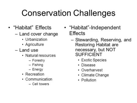 Conservation Challenges “Habitat” Effects –Land cover change Urbanization Agriculture –Land use Natural resources –Forestry –Fishing –Energy Recreation.