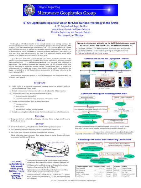 STAR-Light: Enabling a New Vision for Land Surface Hydrology in the Arctic A. W. England and Roger De Roo Atmospheric, Oceanic, and Space Sciences Electrical.