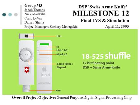 Group M3 Jacob Thomas Nick Marwaha Craig LeVan Darren Shultz Project Manager: Zachary Menegakis April 11, 2005 MILESTONE 12 Final LVS & Simulation DSP.