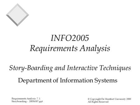 Requirements Analysis 7. 1 Storyboarding - 2005b507.ppt © Copyright De Montfort University 2000 All Rights Reserved INFO2005 Requirements Analysis Story-Boarding.