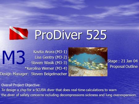 M3 Overall Project Objective: To design a chip for a SCUBA diver that does real-time calculations to warn the diver of safety concerns including decompressions.