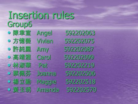 Insertion rules Group6 陳聿宣 Angel 592202063 陳聿宣 Angel 592202063 方憶薇 Vivian 592202075 方憶薇 Vivian 592202075 許純鳳 Amy 592202087 許純鳳 Amy 592202087 高靖雅 Carol.