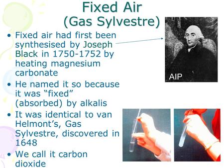 Fixed Air (Gas Sylvestre) Fixed air had first been synthesised by Joseph Black in 1750-1752 by heating magnesium carbonate He named it so because it was.