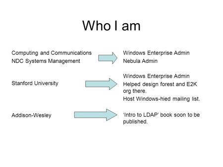 Who I am Computing and Communications NDC Systems Management Stanford University Addison-Wesley Windows Enterprise Admin Nebula Admin Windows Enterprise.