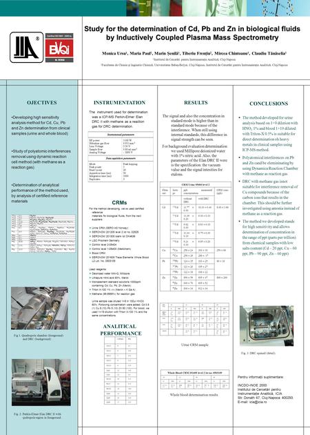 Study for the determination of Cd, Pb and Zn in biological fluids by Inductively Coupled Plasma Mass Spectrometry OJECTIVES Developing high sensitivity.