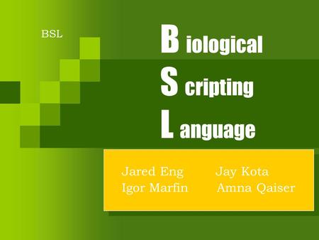 B iological S cripting L anguage Jared Eng Jay Kota Igor Marfin Amna Qaiser Jared Eng Jay Kota Igor Marfin Amna Qaiser BSL.