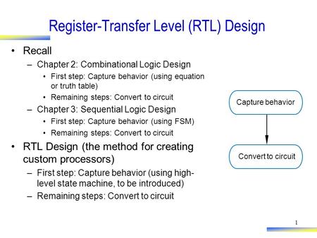 1 Register-Transfer Level (RTL) Design Recall –Chapter 2: Combinational Logic Design First step: Capture behavior (using equation or truth table) Remaining.