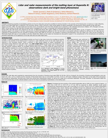 Lidar and radar measurements of the melting layer at Supersite R: observations dark and bright band phenomena Donato Summa(1), Paolo Di Girolamo(1), Rohini.