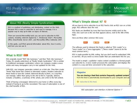 1 of 2 This document is for informational purposes only. MICROSOFT MAKES NO WARRANTIES, EXPRESS OR IMPLIED, IN THIS DOCUMENT. © 2007 Microsoft Corporation.