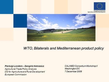 WTO, Bilaterals and Mediterranean product policy Pierluigi Londero – Dangiris Nekrasius Agricultural Trade Policy Analysis DG for Agriculture and Rural.