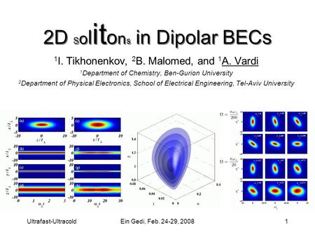 Ultrafast-UltracoldEin Gedi, Feb. 24-29, 20081 2D S o l it o n s in Dipolar BECs 1 I. Tikhonenkov, 2 B. Malomed, and 1 A. Vardi 1 Department of Chemistry,