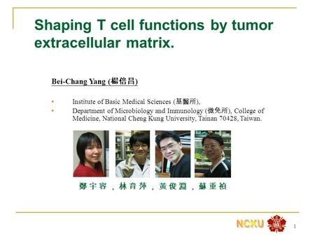 1 Shaping T cell functions by tumor extracellular matrix. Bei-Chang Yang ( 楊倍昌 ) Institute of Basic Medical Sciences ( 基醫所 ), Department of Microbiology.