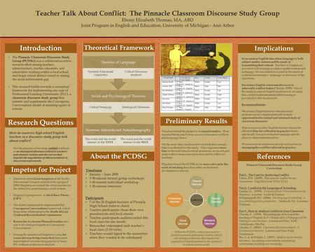 TEMPLATE DESIGN © 2008 www.PosterPresentations.com Teacher Talk About Conflict: The Pinnacle Classroom Discourse Study Group Ebony Elizabeth Thomas, MA,