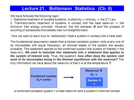 Lecture 21. Boltzmann Statistics (Ch. 6)