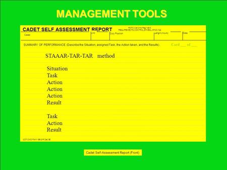 SUMMARY OF PERFORMANCE (Describe the Situation, assigned Task, the Action taken, and the Results). CDT CMD Form 156-2-R Dec 95 CADET SELF ASSESSMENT REPORT.