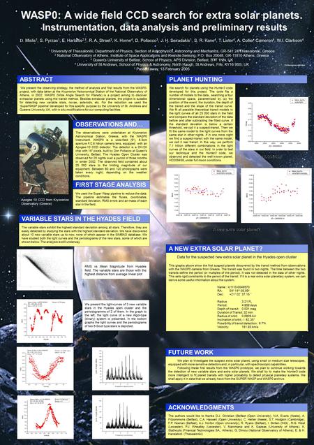 WASP0: A wide field CCD search for extra solar planets. Instrumentation, data analysis and preliminary results D. Mislis 1, S. Pyrzas 1, E. Harlaftis 2,†,