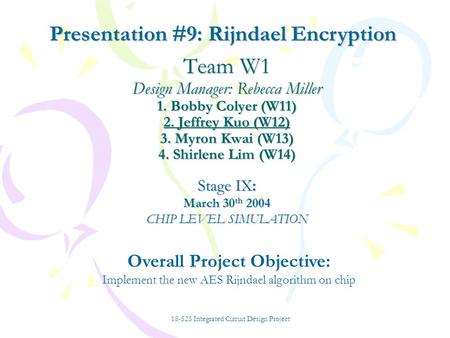 Team W1 Design Manager: Rebecca Miller 1. Bobby Colyer (W11) 2. Jeffrey Kuo (W12) 3. Myron Kwai (W13) 4. Shirlene Lim (W14) Stage IX: March 30 th 2004.