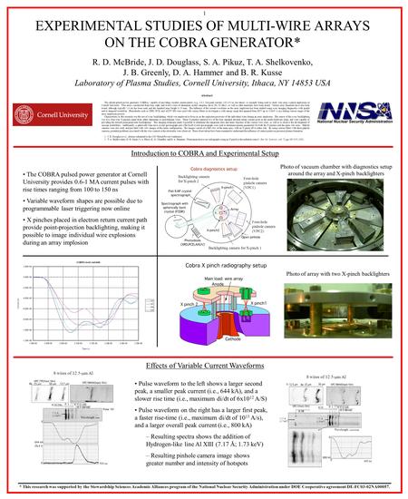 EXPERIMENTAL STUDIES OF MULTI-WIRE ARRAYS ON THE COBRA GENERATOR* R. D. McBride, J. D. Douglass, S. A. Pikuz, T. A. Shelkovenko, J. B. Greenly, D. A. Hammer.