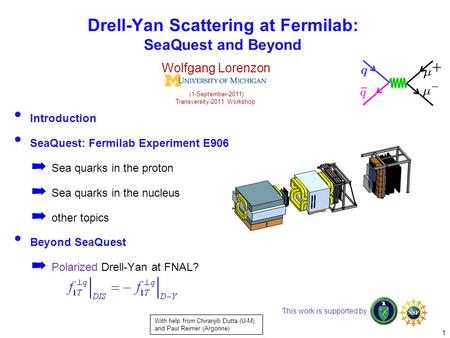 Introduction SeaQuest: Fermilab Experiment E906 ➡ Sea quarks in the proton ➡ Sea quarks in the nucleus ➡ other topics Beyond SeaQuest ➡ Polarized Drell-Yan.