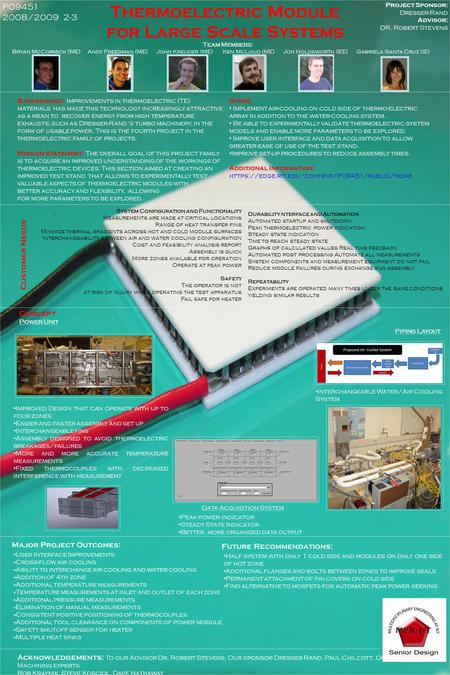 Team Members: Bryan McCormick (ME) Andy Freedman (ME) John Kreuder (ME) Ken McLoud (ME) Jon Holdsworth (EE) Gabriela Santa Cruz (IE) Thermoelectric Module.