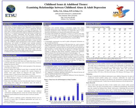 Childhood Issues & Adulthood Tissues: Examining Relationships between Childhood Abuse & Adult Depression Steffey, S.K., Gibson, B.W. & Dula, C.S. APPLIED.