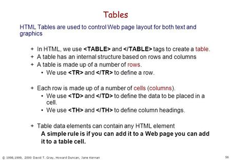 56 © 1998,1999, 2000 David T. Gray, Howard Duncan, Jane Kernan Tables HTML Tables are used to control Web page layout for both text and graphics +In HTML,