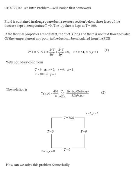 CE 8022 09 An Intro Problem—will lead to first homework Fluid is contained in along square duct, see cross section below, three faces of the duct are kept.